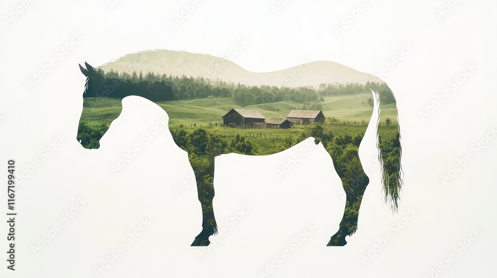 Obraz premium Majestic Double-Exposure Watercolor Horse Artwork with Countryside Scenery Inside Silhouette on White Background