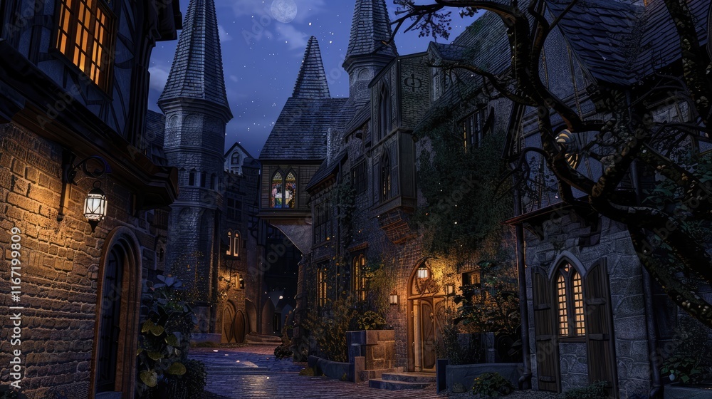 Obraz premium beautiful medieval city scene, old church at night, digital painting