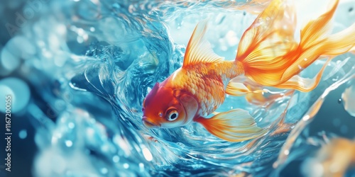 A vibrant goldfish swims gracefully through sparkling water. The fluid motion of the water creates a dynamic and lively scene. Ideal for aquatic themes or creative projects. AI photo