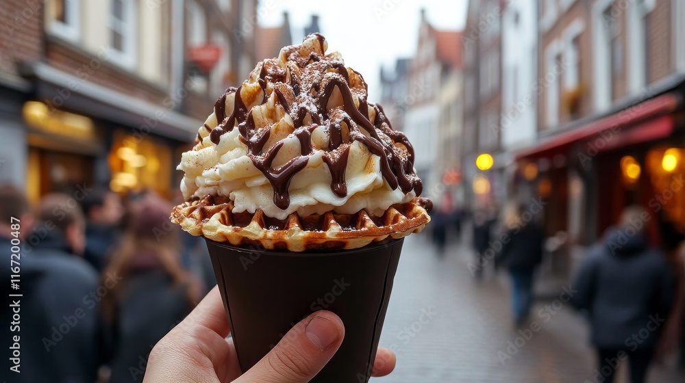 Fototapeta premium Tourist holds in hand popular street food - Belgium tasty waffle with chocolate sauce on the background of city tourist streets of Bruges, Belgium, Europe