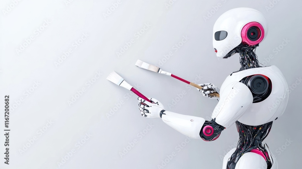 A humanoid robot painting a wall with brushes. A humanoid robot painting a wall with brushes.