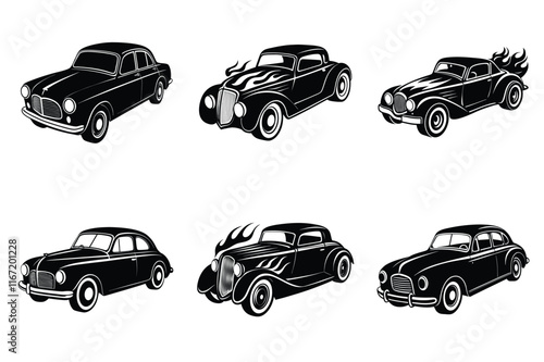 Vintage car silhouette set, Retro hot rod car collection vector illustration