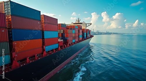 A large cargo ship with colorful shipping containers sails smoothly across tranquil waters as city buildings rise in the background under a clear sky during early morning.