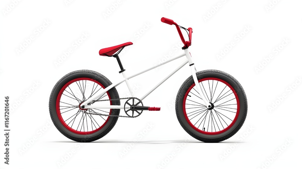 BMX bike, white frame, red accents, red seat, red handlebars, red tires, chrome details, sport bicycle, freestyle bike, urban cycling, minimalist design, high contrast, studio lighting, product BMX bike, white frame, red accents, red seat, red handlebars, red tires, chrome details, sport bicycle, freestyle bike, urban cycling, minimalist design, high contrast, studio lighting, product