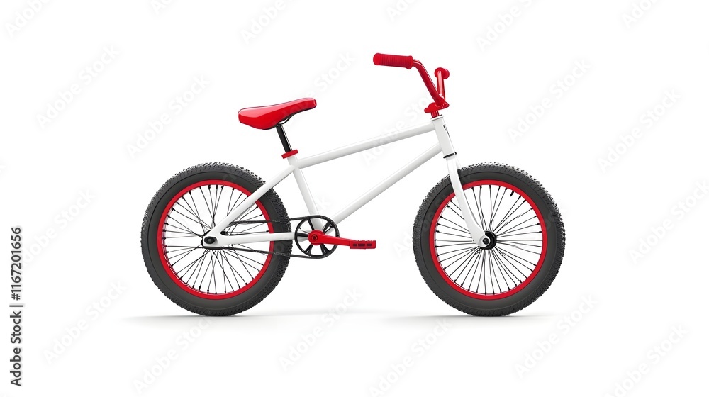 BMX bike, white frame, red seat, red handlebars, red pedals, fat tires, white rims, sporty design, sleek, modern, urban style, action sports, extreme sports, youth culture, minimalist color scheme BMX bike, white frame, red seat, red handlebars, red pedals, fat tires, white rims, sporty design, sleek, modern, urban style, action sports, extreme sports, youth culture, minimalist color scheme