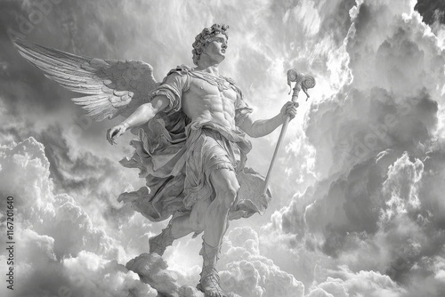 Mercury Hermes god statue running trough clouds in winged sandals, caduceus in hand. Commerce, ambassadors, travellers patron. Gods messenger, conductor of souls of dead., Generative AI