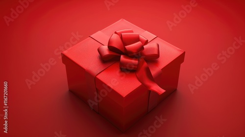 beautiful red square gift box with red bow on side on red background, top view