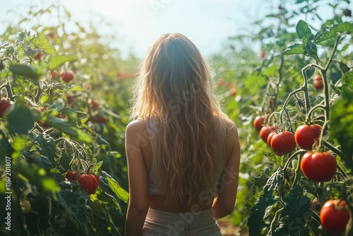 Woman in straw hat admiring ripe tomatoes in a lush vegetable garden during a...