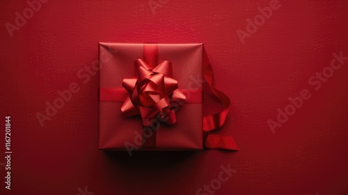 beautiful red square gift box with red bow on side on red background, top view