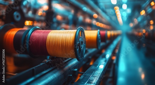 Colorful spools of yarn arranged on a rack in a textile workshop during the e...