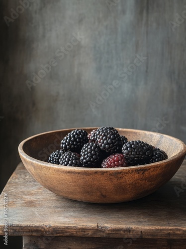 Fresh black grapes in a wooden bowl on a rustic table against a dark background