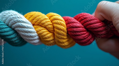 Colorful ropes intertwined together create a vibrant visual display with bold...