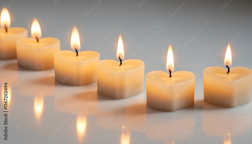 Row of Burning Heart-Shaped Candles, The warm glow of the flames creates a peaceful and romantic ambiance. Row of Burning Heart-Shaped Candles, The warm glow of the flames creates a peaceful and romantic ambiance.