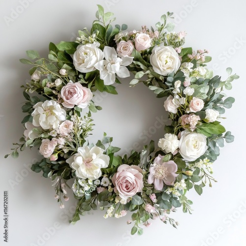 Elegant floral wreath featuring soft roses and greenery for home decoration