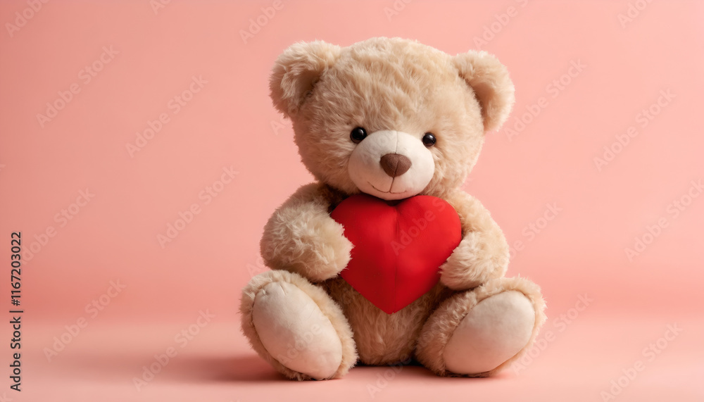 Fototapeta premium Teddy Bear Holding a Heart, This image features a cute teddy bear sitting on a pink background. 