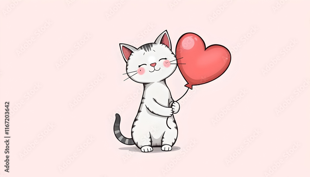 Cute Cat with a Heart Balloon, This image features a cute cartoon cat holding a heart-shaped balloon. Cute Cat with a Heart Balloon, This image features a cute cartoon cat holding a heart-shaped balloon.