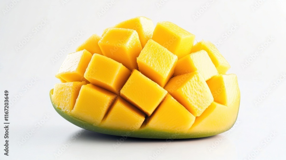 A sliced mango showcasing vibrant yellow fruit cubes. A sliced mango showcasing vibrant yellow fruit cubes.