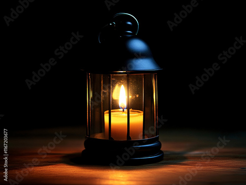 Arabic lantern with a burning candle glowing at night is an invitation for Ramadan Kareem photo