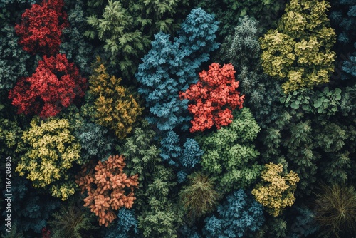 Vibrant aerial view of diverse foliage in autumn colors across a forested lan...