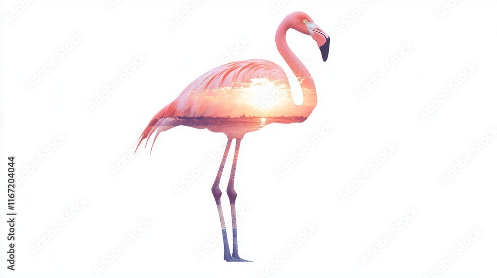 Fototapeta premium Ethereal Flamingo Silhouette in Watercolor Double-Exposure - Ultra-Detailed Digital Artwork with Sunset Reflections on Wetlands Inside Bird's Form on White Background