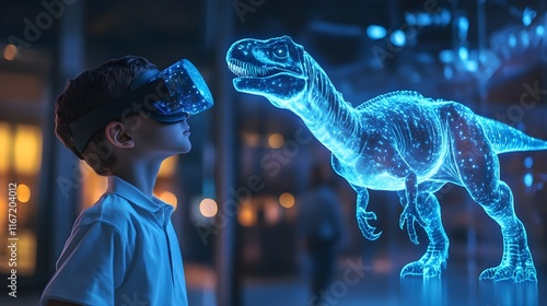 virtual reality, child wearing VR headset, holographic dinosaur, t-rex skeleton, blue glowing projection, futuristic technology, dark room, immersive experience, wonder and amazement, digital archaeol photo