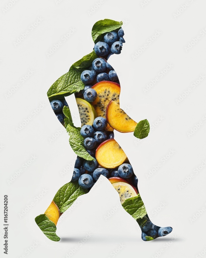 Double exposure concept with human and superfoods. A silhouette filled with vibrant fruits and leaves symbolizes health and fitness Double exposure concept with human and superfoods. A silhouette filled with vibrant fruits and leaves symbolizes health and fitness