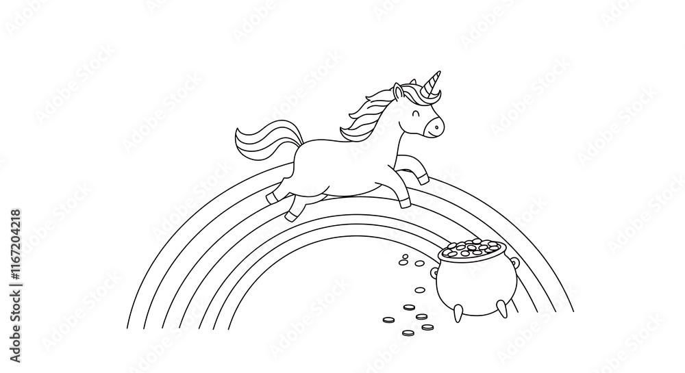 Cute unicorn rides rainbow to pot of gold coins coloring page for happy kids. Magical fantasy. Cute unicorn rides rainbow to pot of gold coins coloring page for happy kids. Magical fantasy.