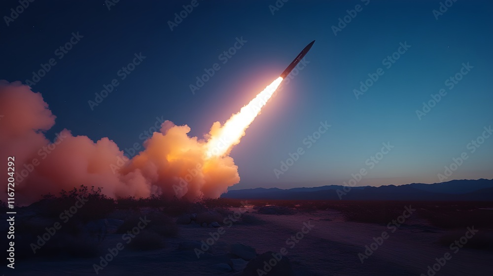 Fototapeta premium Missile launch, night sky, desert landscape, fiery rocket trail, bright illumination, smoky exhaust, long exposure, dramatic lighting, military test, technological power, vast horizon