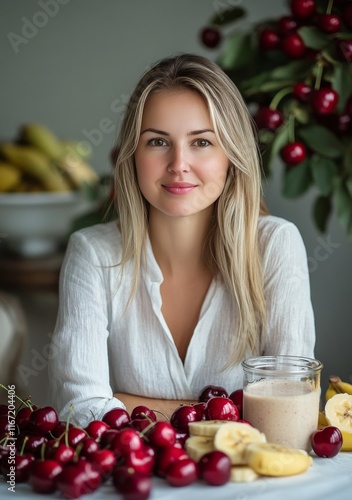 Young woman enjoying healthy fruits with smoothies in a bright kitchen
