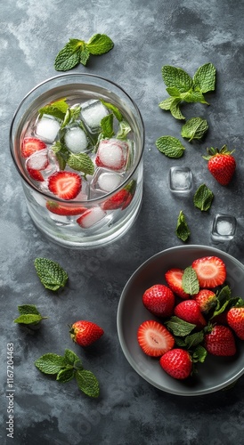 Fresh strawberries soaked in ice water with mint leaves for a refreshing summ...