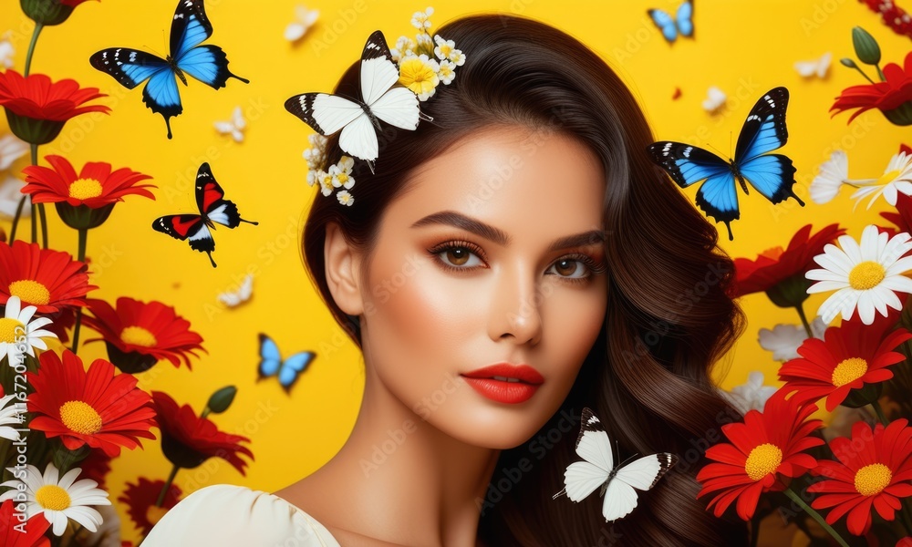 Elegant woman surrounded by vibrant butterflies and daisies on bright yellow background Elegant woman surrounded by vibrant butterflies and daisies on bright yellow background