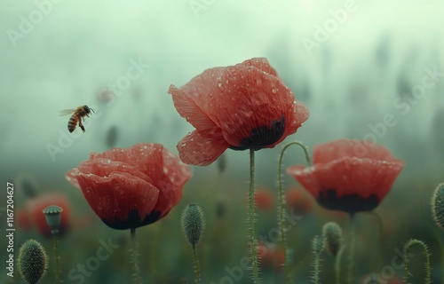 Bright red poppies bloom in a grassy field under a cloudy sky at dawn