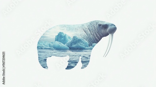 Arctic Harmony - Creative Double-Exposure Watercolor Illustration of Walrus Silhouette with Iceberg Scene Inside on White Background photo