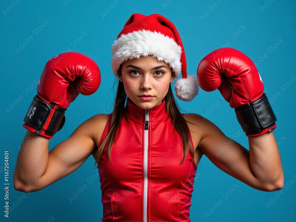 Festive Fitness Woman Boxer in Santa Hat Red Gloves Festive Fitness Woman Boxer in Santa Hat Red Gloves