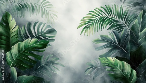 Watercolor Tropical Leaves Illustration in Gray Background for Interior Decor