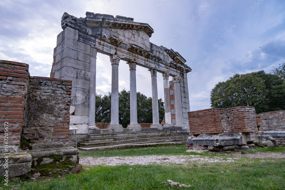 Fototapeta premium The Arc of Triumph and Bouleuterion ancient assembly hall, in Apollonia site in Albania. Apollonia offers a captivating glimpse into the rich historical past of this ancient Greek city. aerial view