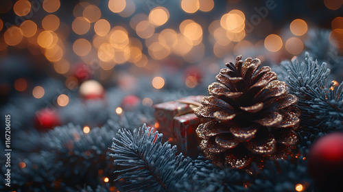 Christmas Magic:  A  pine cone and small gift box rest amidst lush evergreen branches and glowing lights, conjuring a warm and enchanting holiday atmosphere.