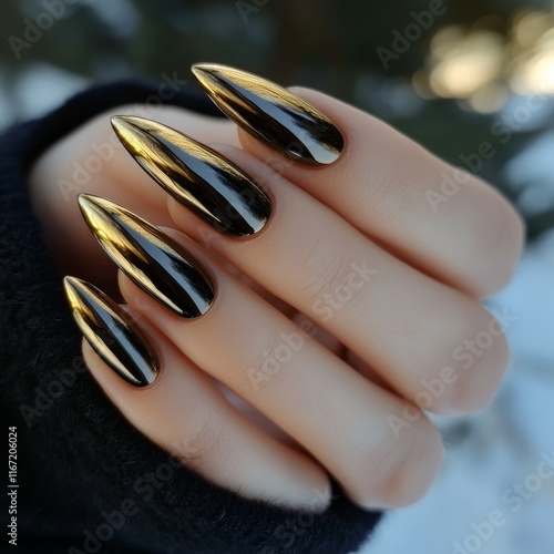 Stylish black and gold pointed nails showcased against a winter background