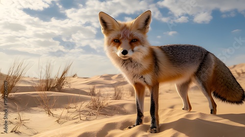 A fox stands gracefully in a sandy desert landscape under a cloudy sky.