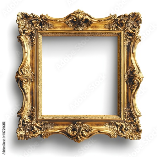 Ornate golden picture frame, baroque style, intricate carvings, floral motifs, elaborate scrollwork, antique appearance, square shape, empty white center, museum quality, high contrast, detailed metal photo