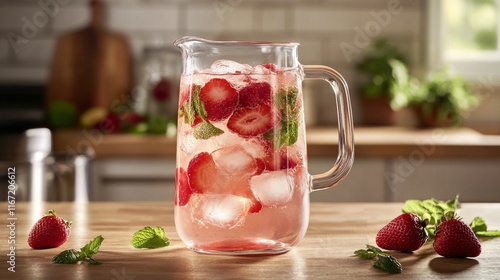 Refreshing strawberry mint beverage in a kitchen setting with vibrant ingredi...