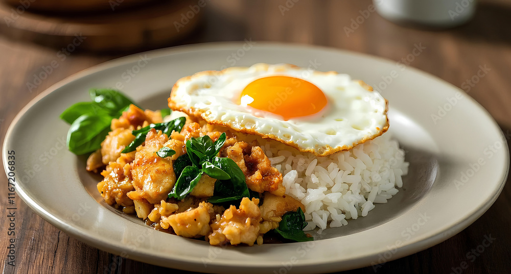 Stir-fried rice with basil chicken and a perfectly cooked fried egg Thai Food
Stir-fried rice with basil chicken and a perfectly cooked fried egg Thai Food