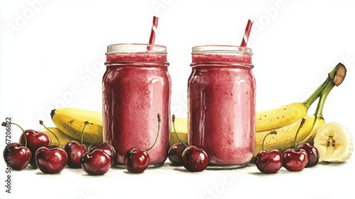 Cherry banana smoothie jars with fresh cherries on a bright background