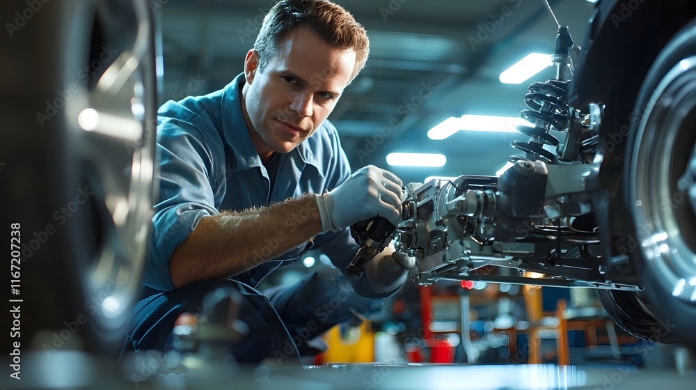 custom made wallpaper toronto digitalSkilled auto technician in blue collar uniform diligently working on repairing and maintaining the suspension and steering system of a vehicle in a well equipped automotive repair workshop or garage