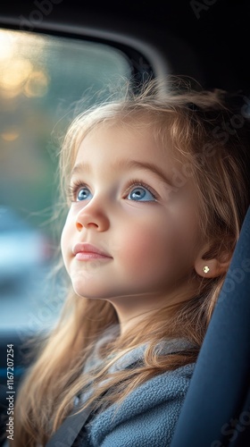 Young girl gazes outside with wonder while sitting in a vehicle on a sunny day