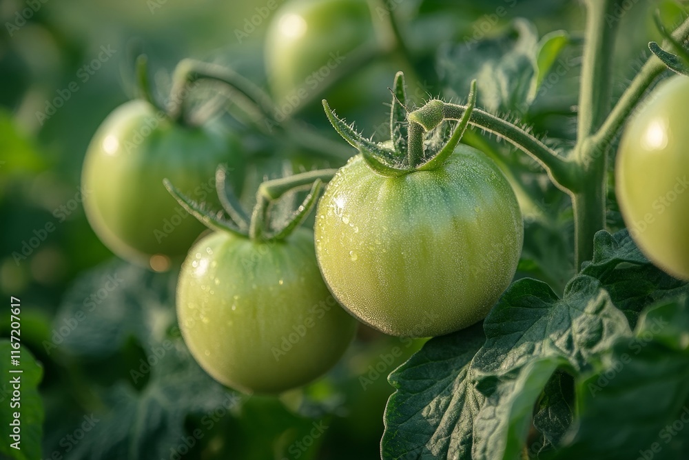 Green tomatoes growing on the tomato plant, fruit inception, Generative AI Green tomatoes growing on the tomato plant, fruit inception, Generative AI