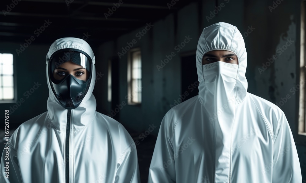 People in protective gear inside abandoned building: eerie survival concept People in protective gear inside abandoned building: eerie survival concept