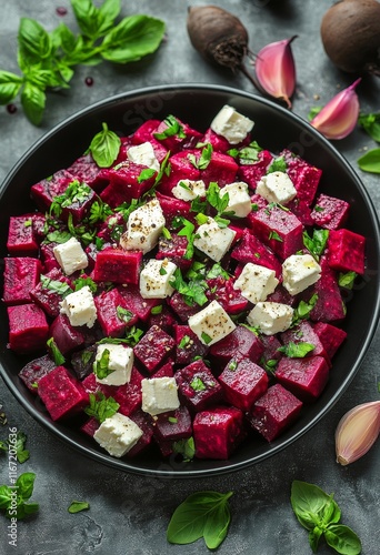 Colorful beetroot salad with feta cheese and herbs served in a black bowl