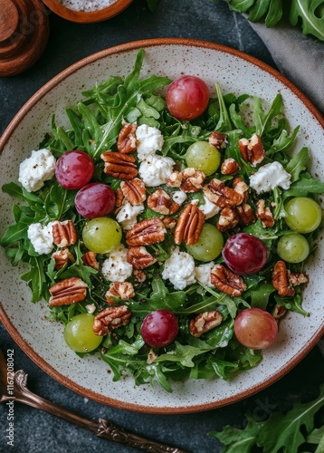 Delicious salad with arugula, grapes, pecans, and cheese served in a rustic bowl