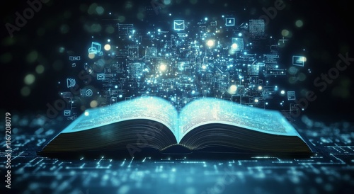 Open book glowing with digital symbols representing knowledge and technology ...
